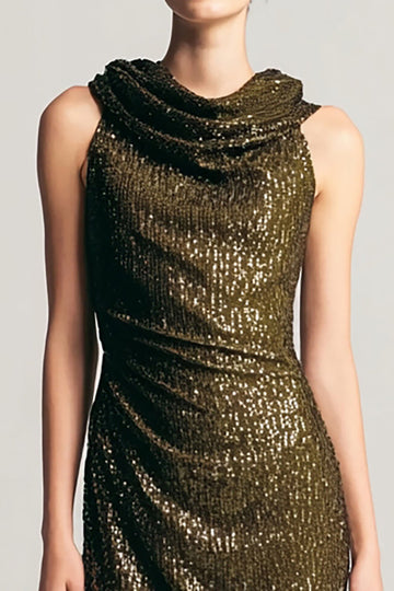 Olive Sequins Cowl Neck Bainha Vestido Formal